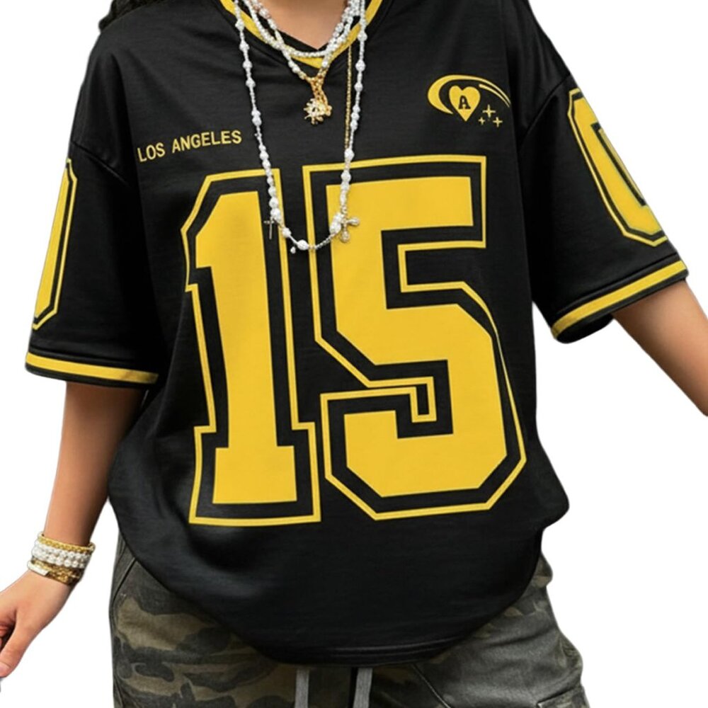 Oversized V-Neck Jersey Tee Streetwear Graphic Print Y2K Chic Casual